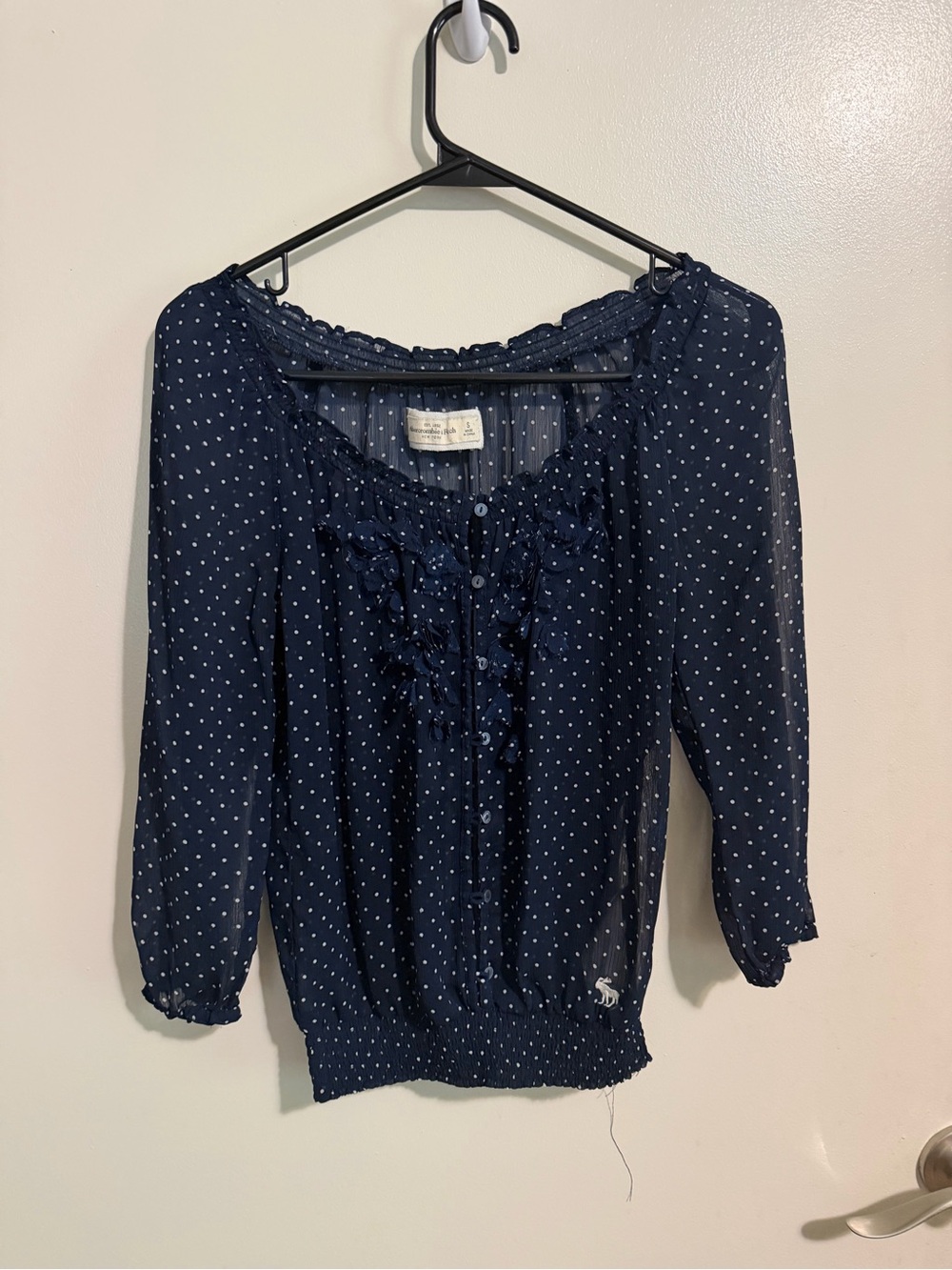 Abercrombie & Fitch Navy White Polka Dot Ruffle Peasant Top